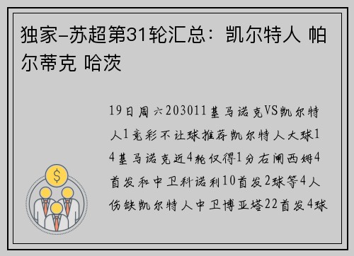 独家-苏超第31轮汇总：凯尔特人 帕尔蒂克 哈茨